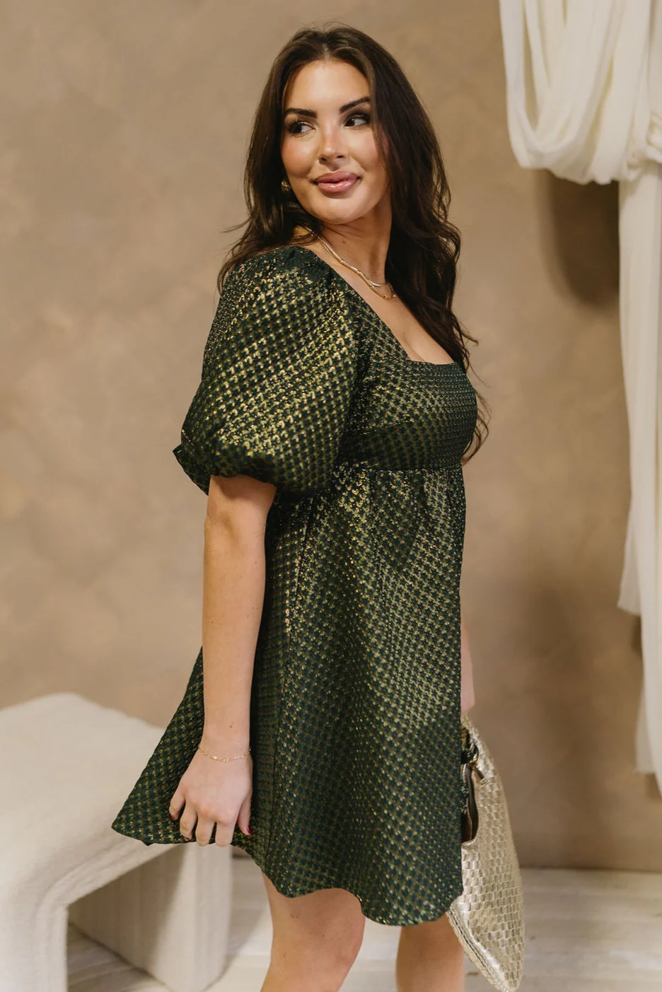 Halo Hunter Green & Gold Bow Mini Dress - Image 6