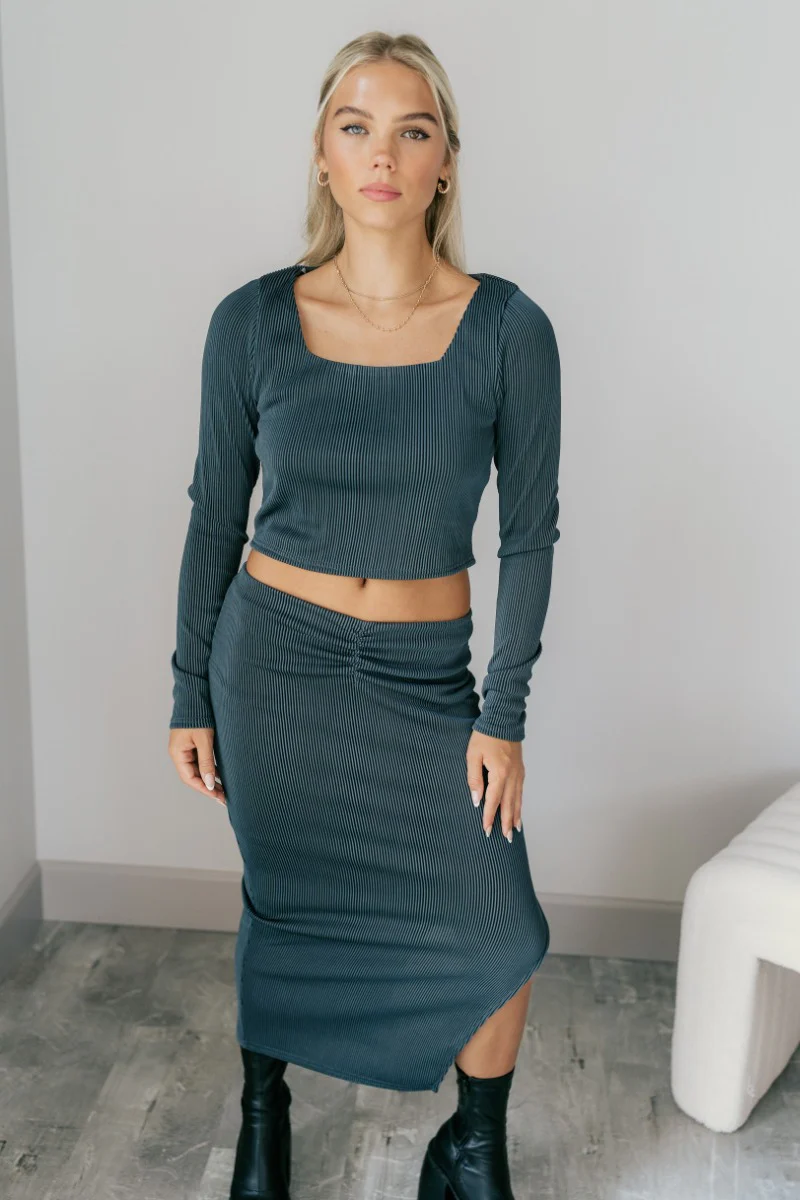 Collins Grey Ribbed Long Sleeve Crop Top - Image 2