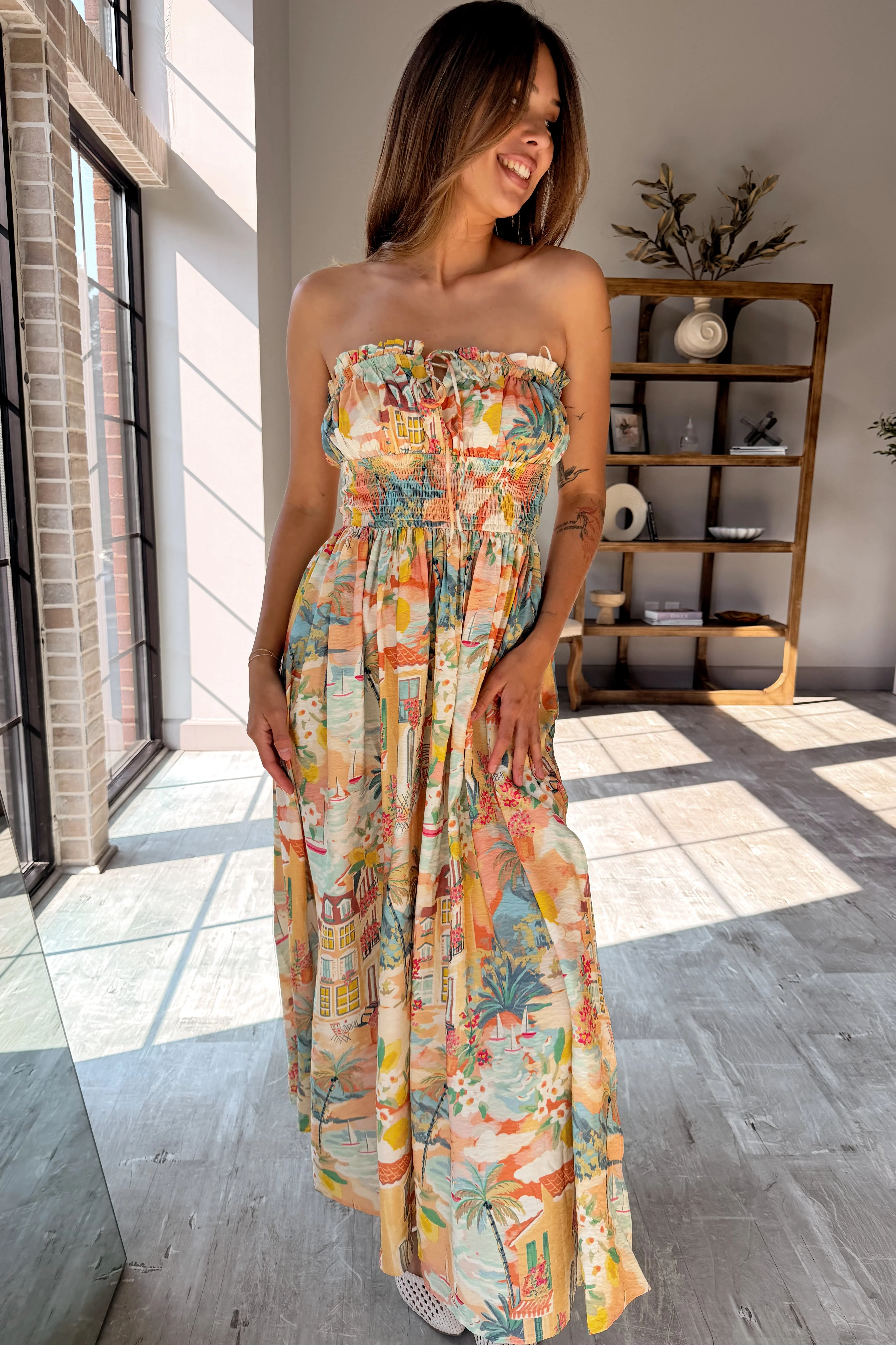 Collins Tropical Print Strapless Midi Dress