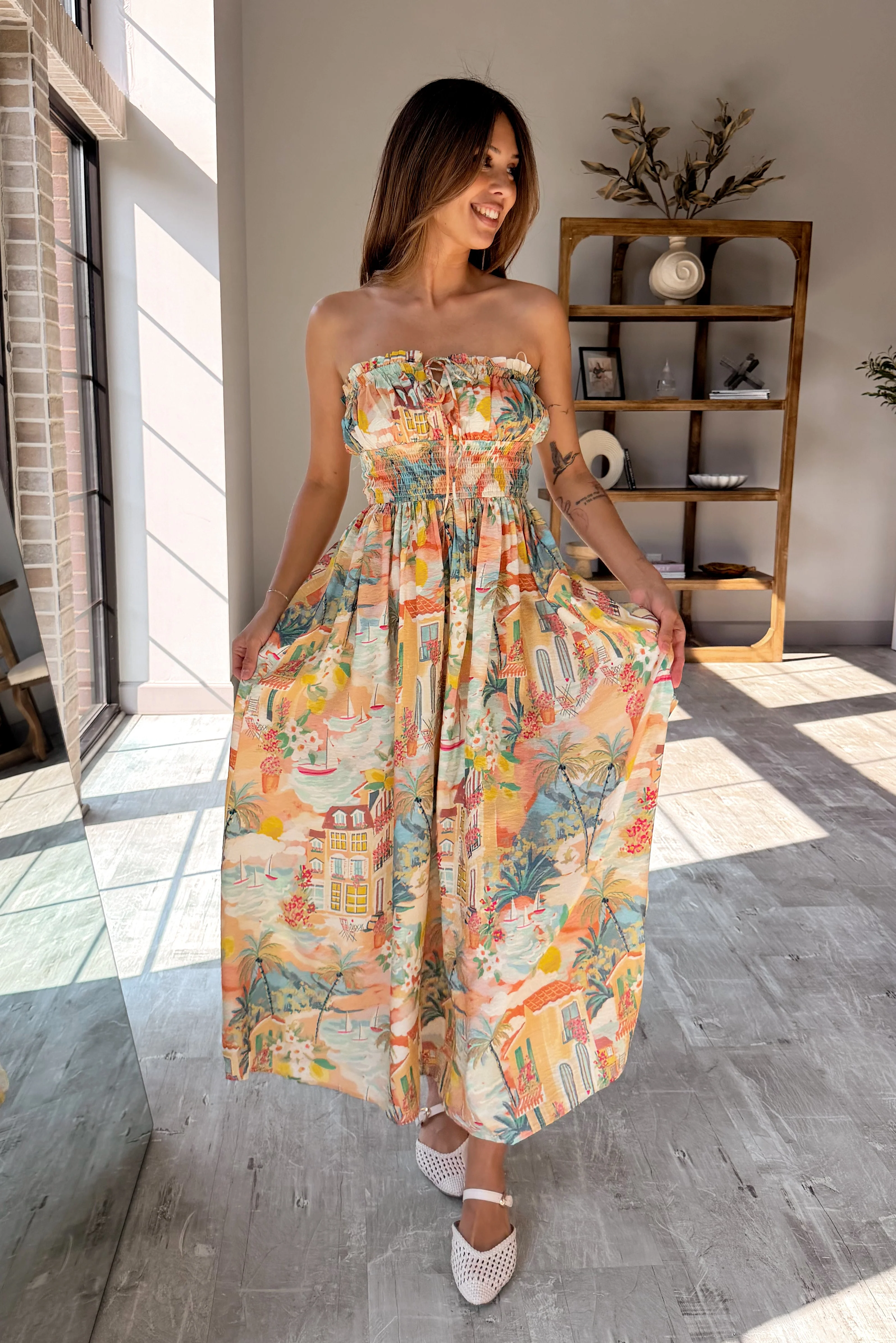 Collins Tropical Print Strapless Midi Dress - Image 10