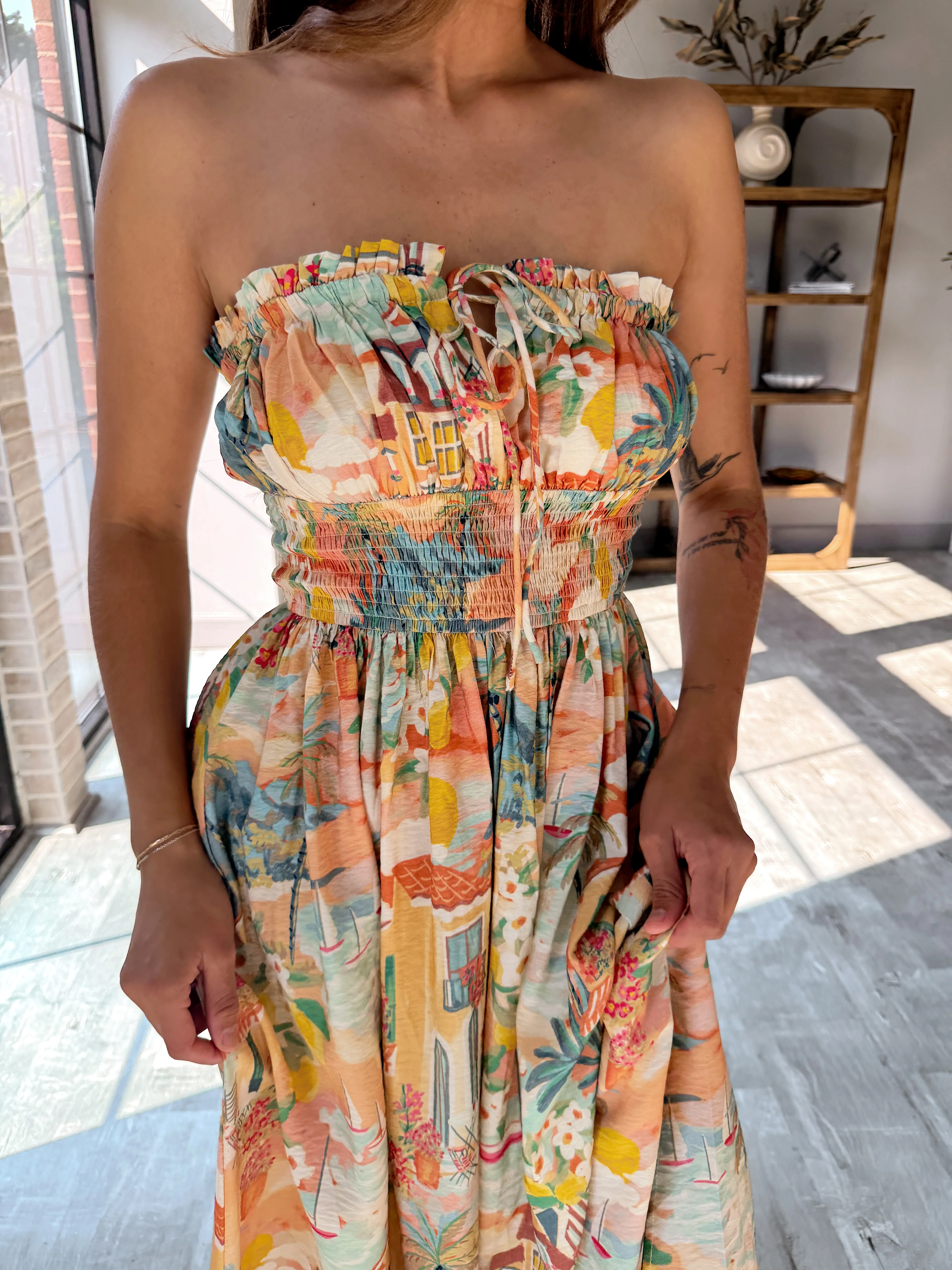 Collins Tropical Print Strapless Midi Dress - Image 2