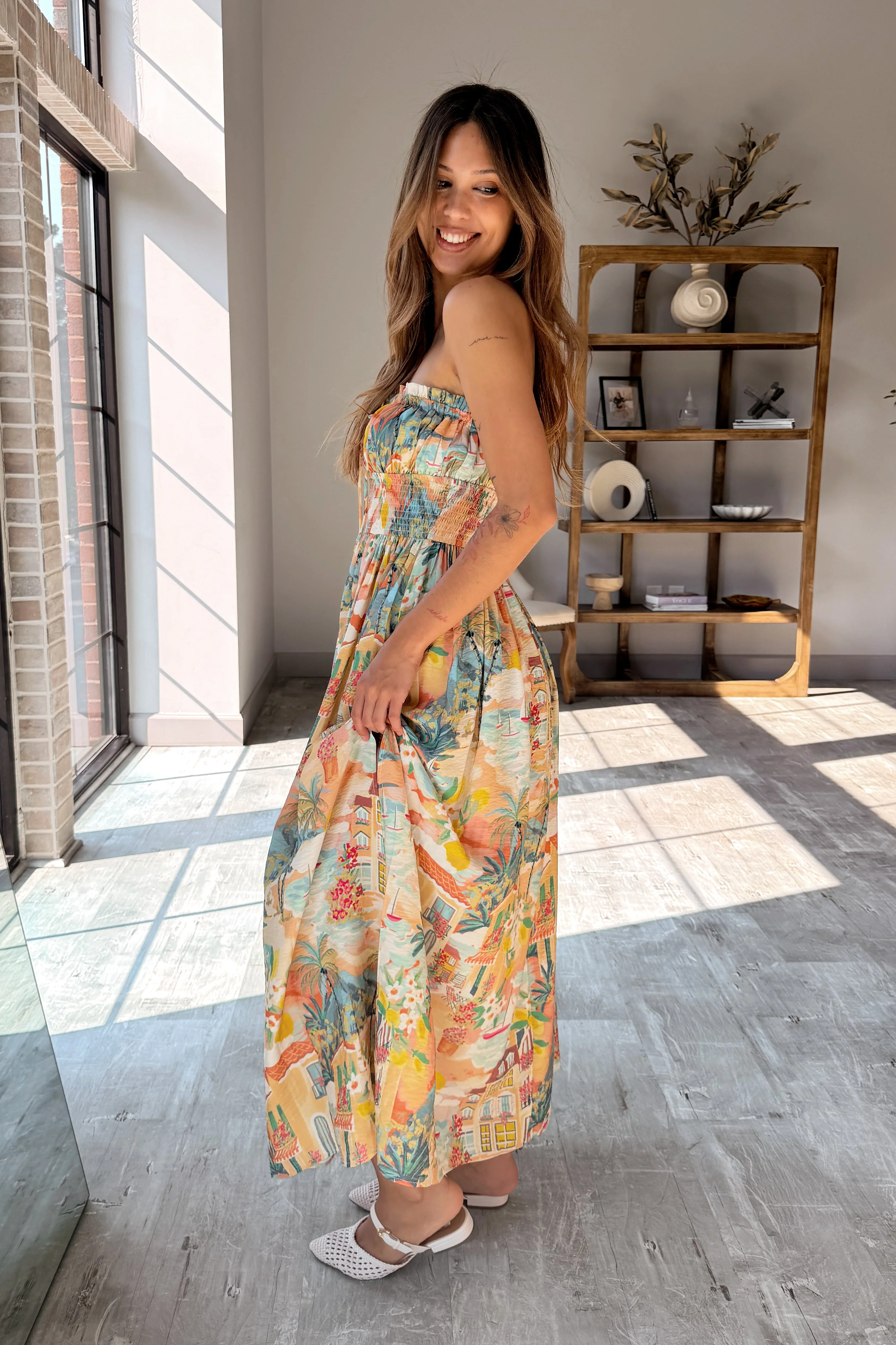Collins Tropical Print Strapless Midi Dress - Image 6