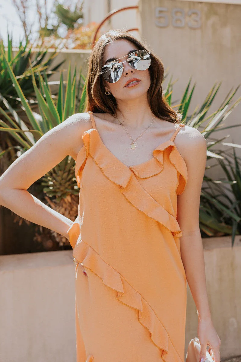 Serena Orange Ruffle Midi Dress - Image 2