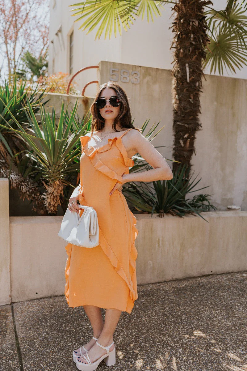 Serena Orange Ruffle Midi Dress - Image 3