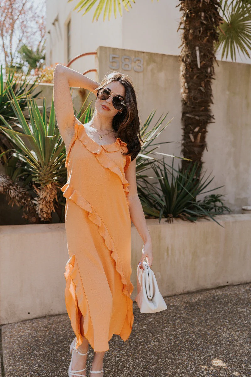 Serena Orange Ruffle Midi Dress - Image 4