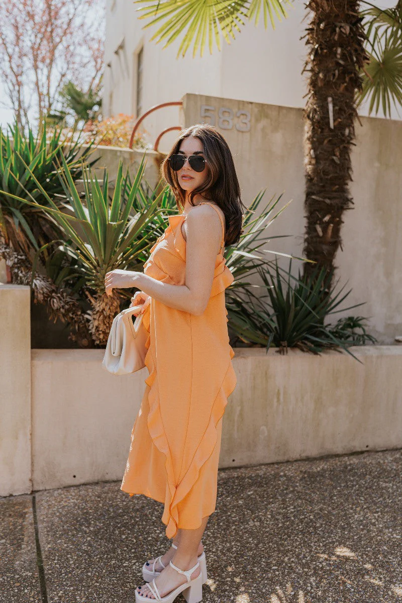 Serena Orange Ruffle Midi Dress - Image 5