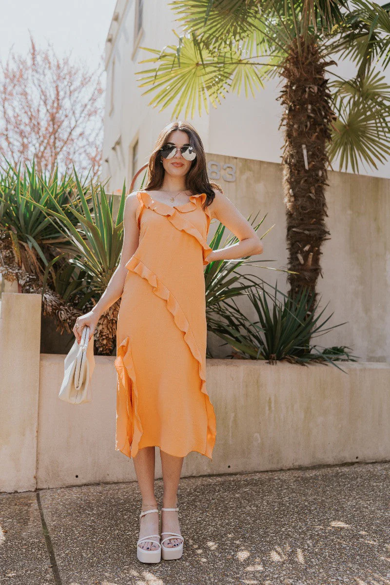 Serena Orange Ruffle Midi Dress - Image 6