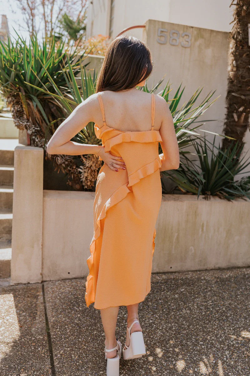 Serena Orange Ruffle Midi Dress - Image 8