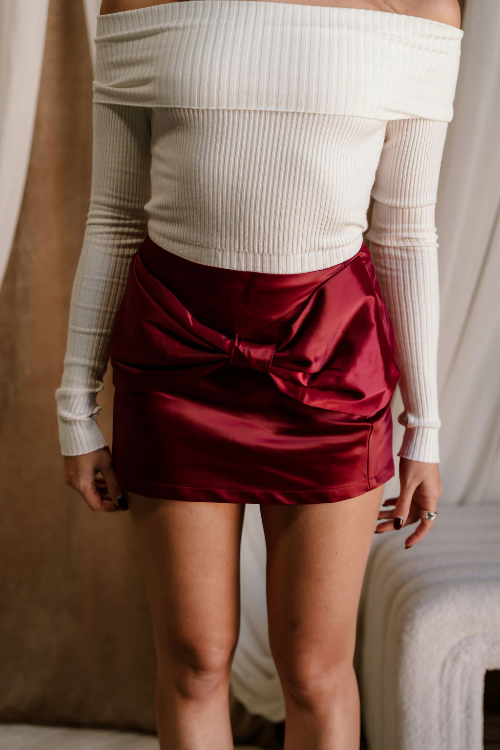 Cora Burgundy Satin Bow Mini Skirt - Image 7
