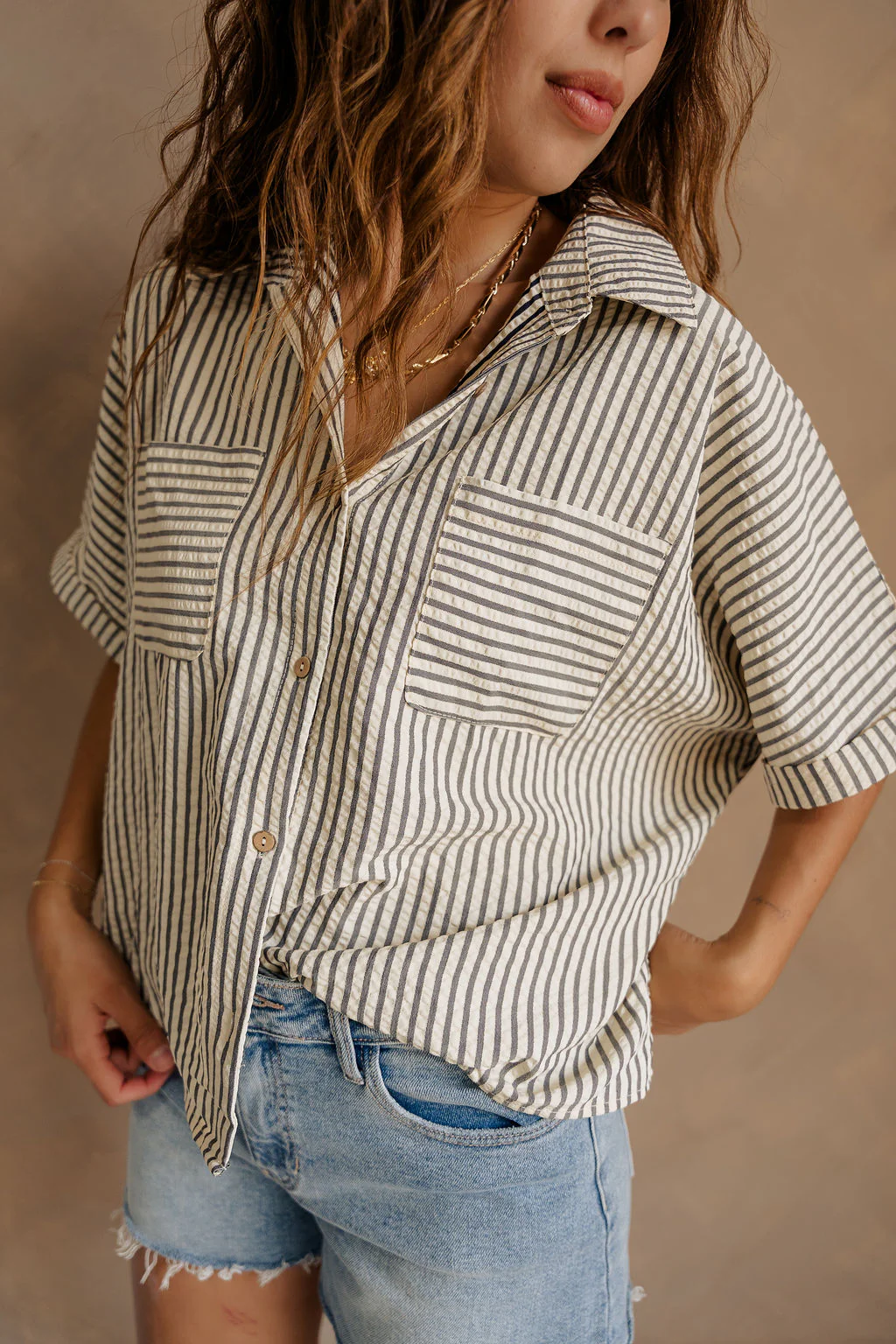 Cora Cream & Navy Stripe Button-Up Top