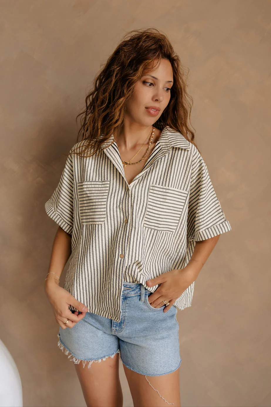 Cora Cream & Navy Stripe Button-Up Top - Image 2