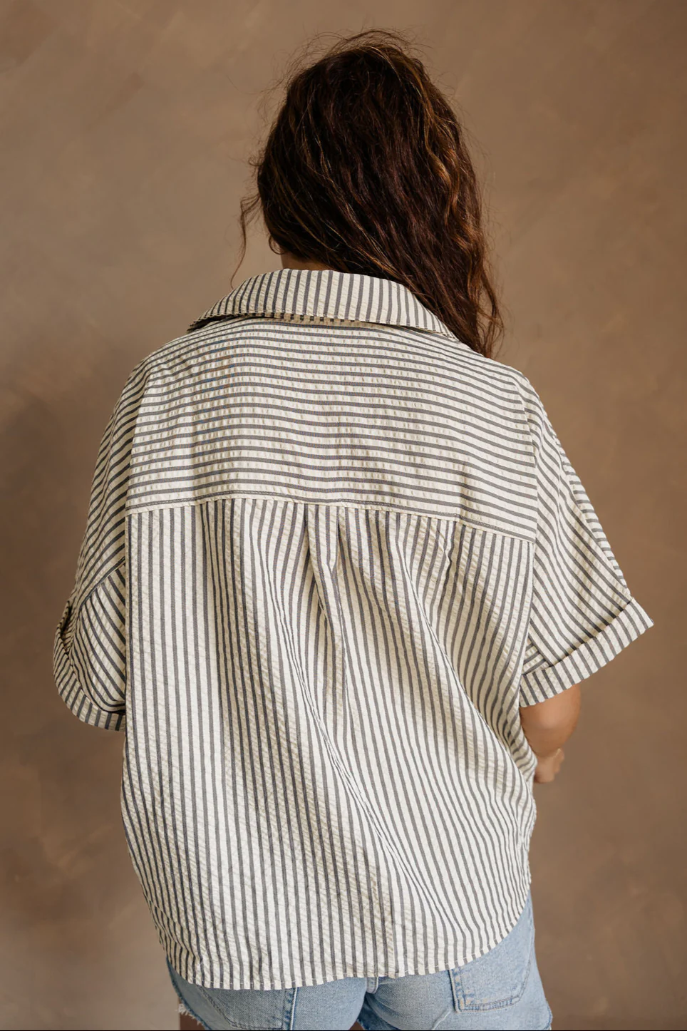 Cora Cream & Navy Stripe Button-Up Top - Image 4