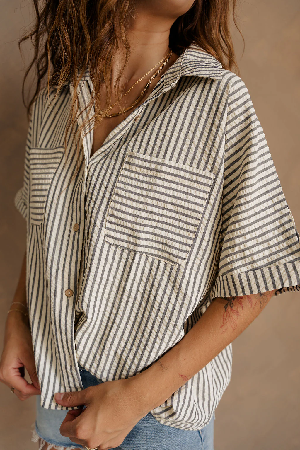 Cora Cream & Navy Stripe Button-Up Top - Image 5