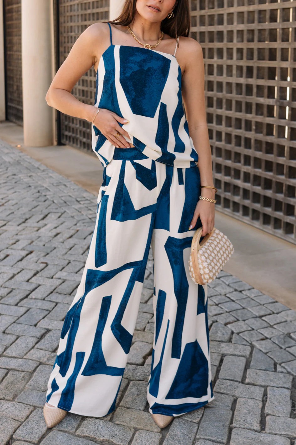 Cora Navy & Cream Geometric Wide Leg Pants