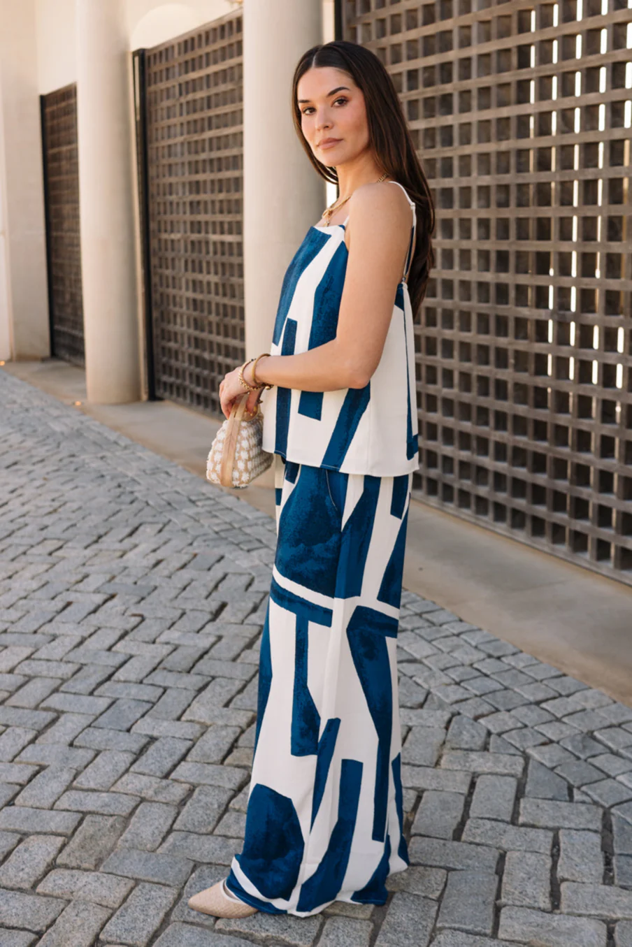 Cora Navy & Cream Geometric Wide Leg Pants - Image 3