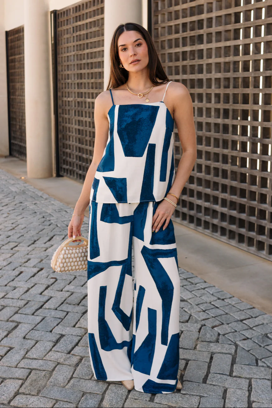 Cora Navy & Cream Geometric Wide Leg Pants - Image 6