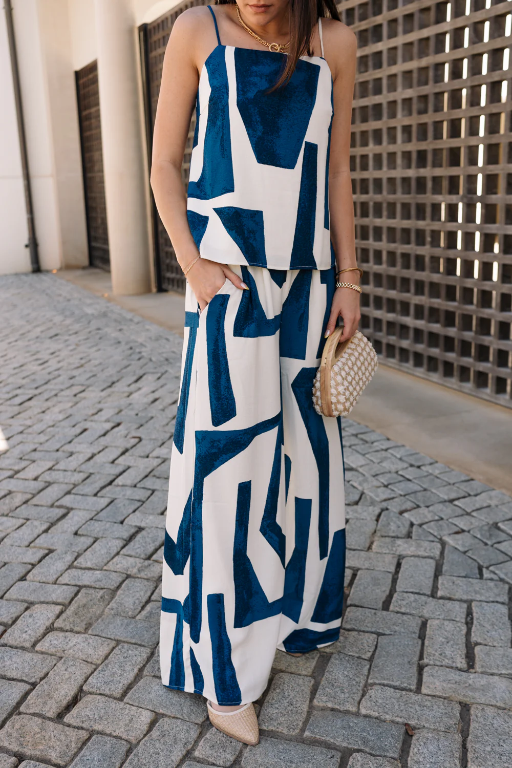 Cora Navy & Cream Geometric Wide Leg Pants - Image 7