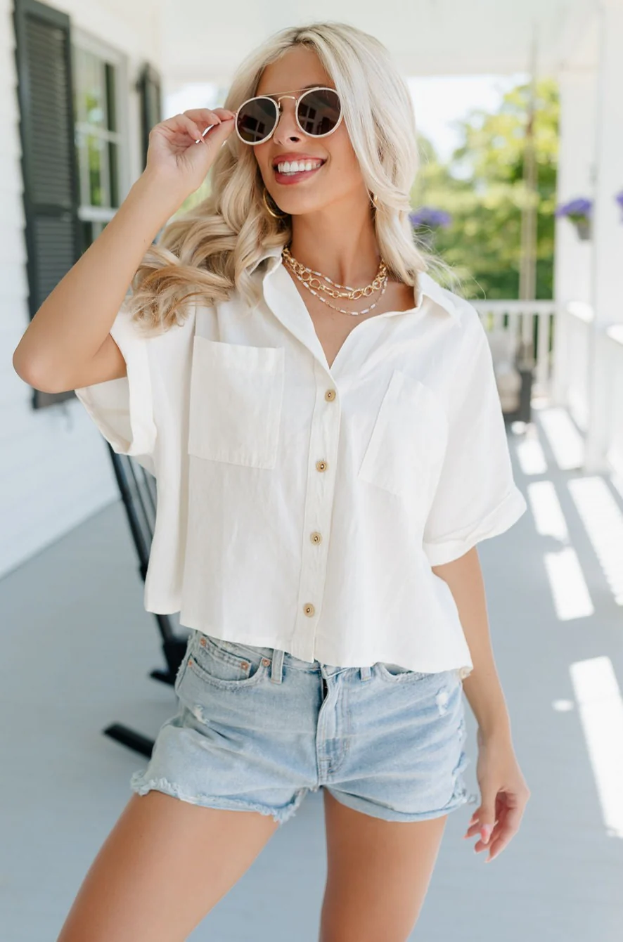Cora White Short Sleeve Button-Up Top