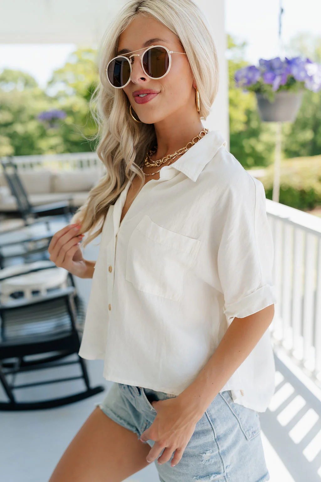 Cora White Short Sleeve Button-Up Top - Image 3