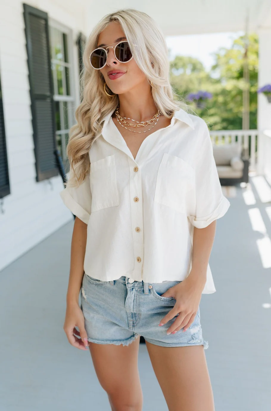 Cora White Short Sleeve Button-Up Top - Image 8