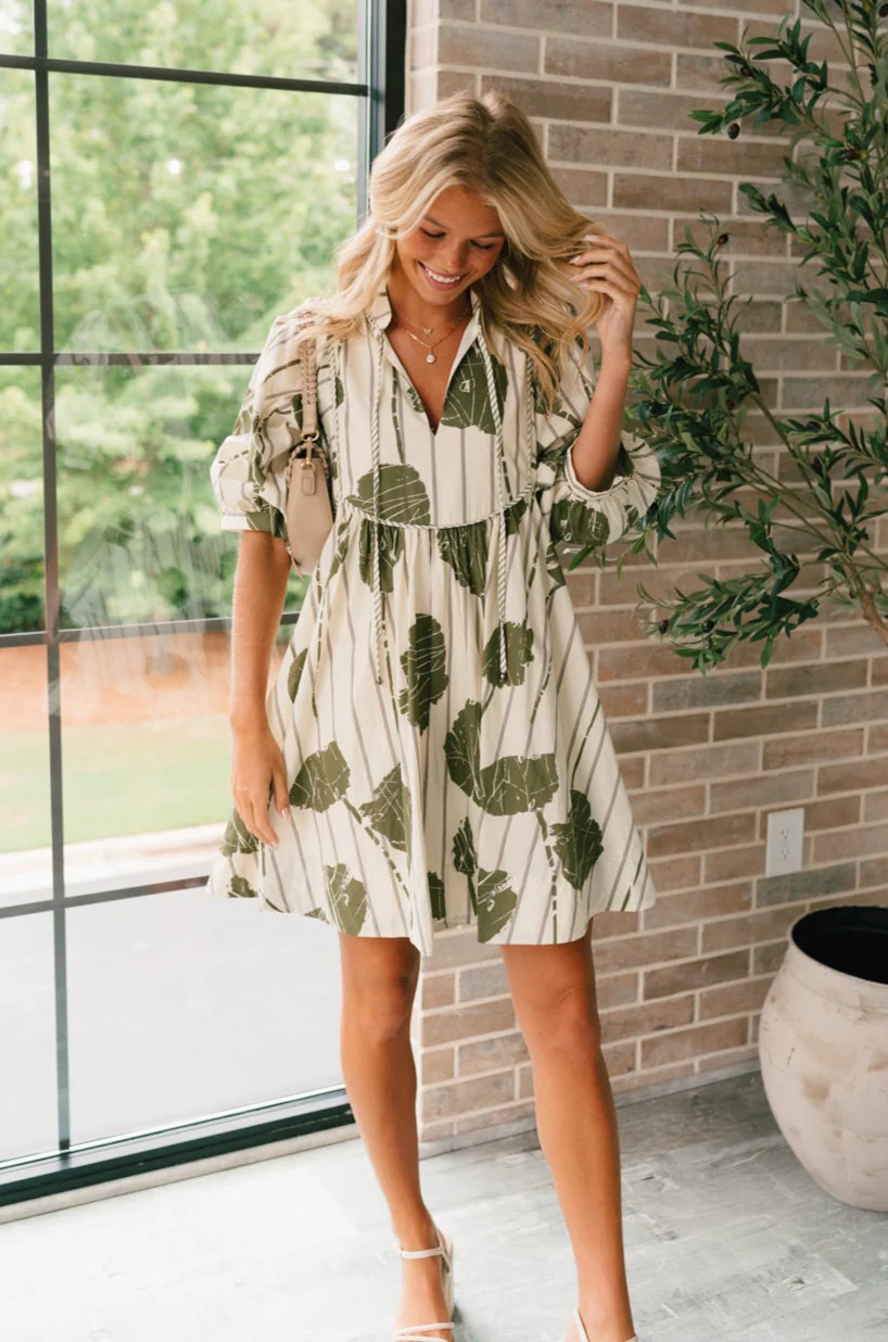 Coraline Cream & Olive Floral Mini Dress - Image 2