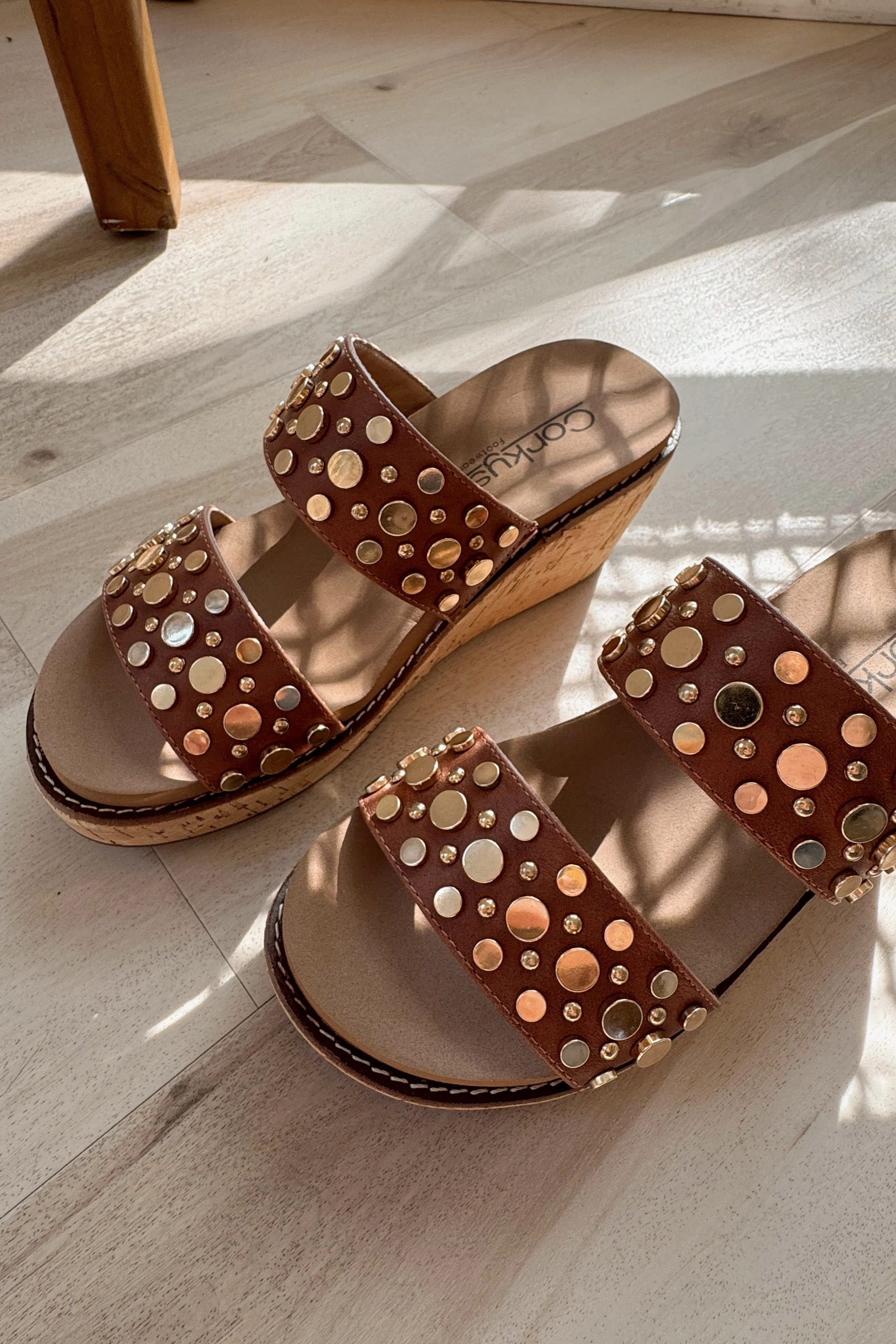 Corkys Bad Habit Brown & Gold Stud Wedge Sandal - Image 5