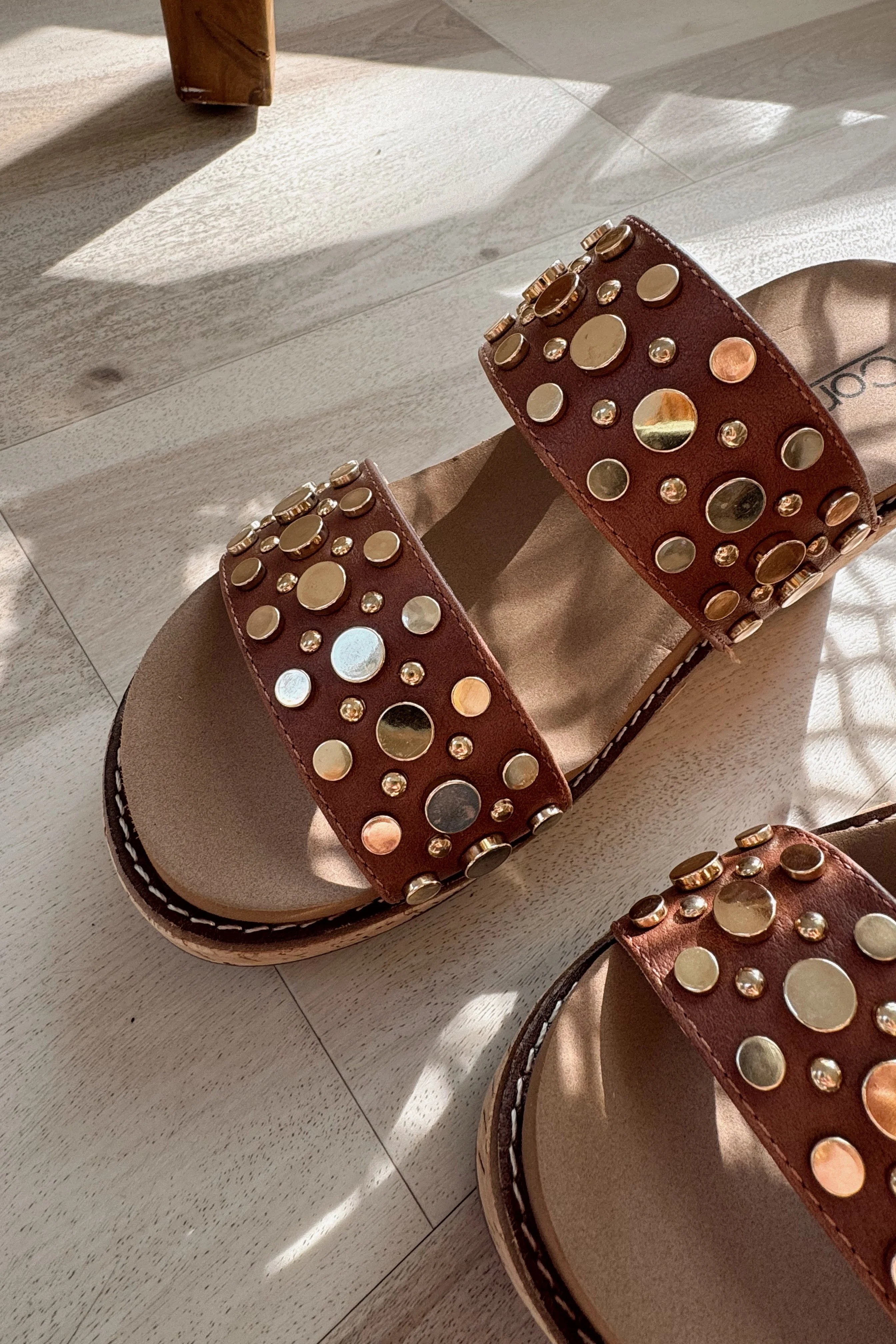Corkys Bad Habit Brown & Gold Stud Wedge Sandal - Image 6