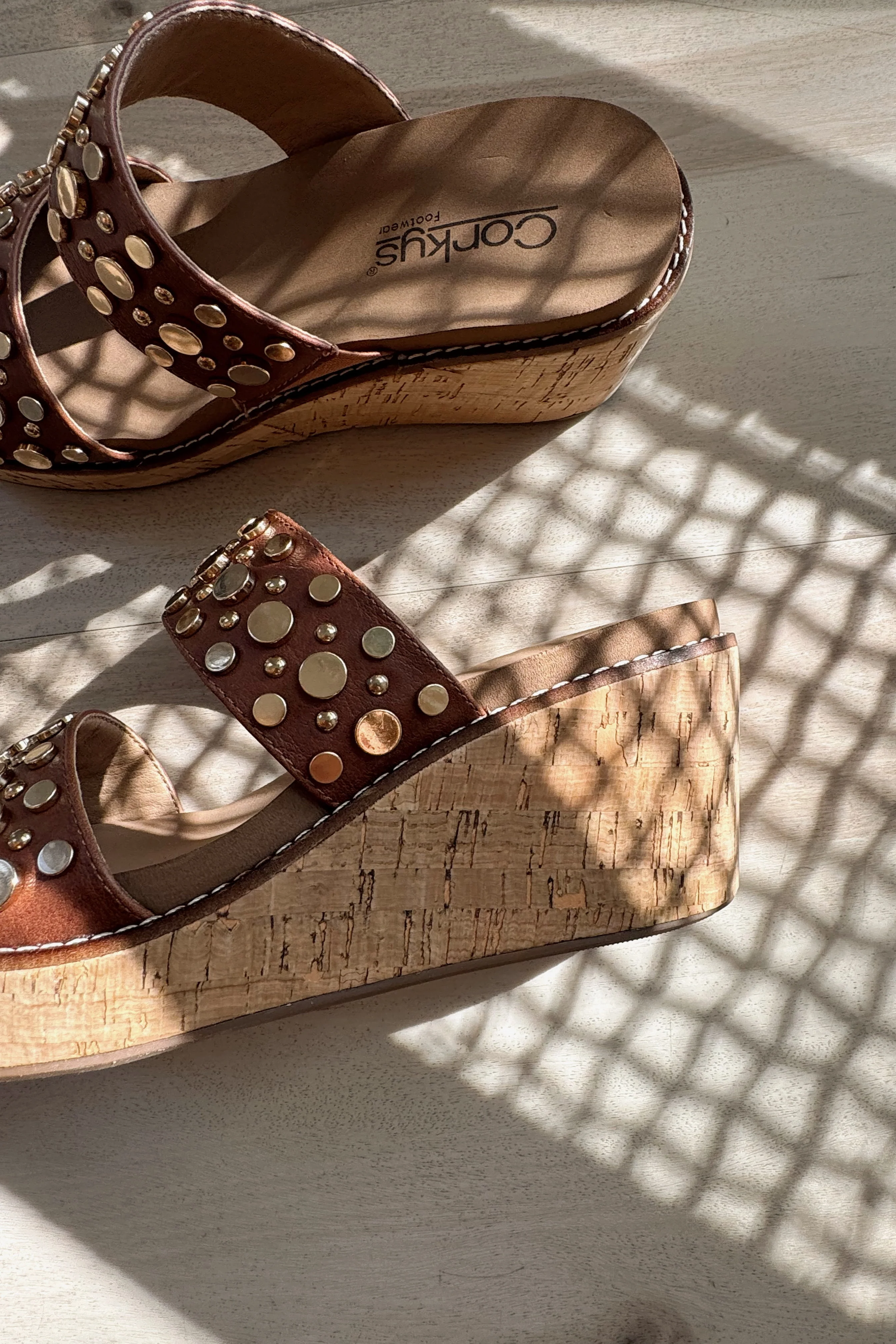 Corkys Bad Habit Brown & Gold Stud Wedge Sandal - Image 7
