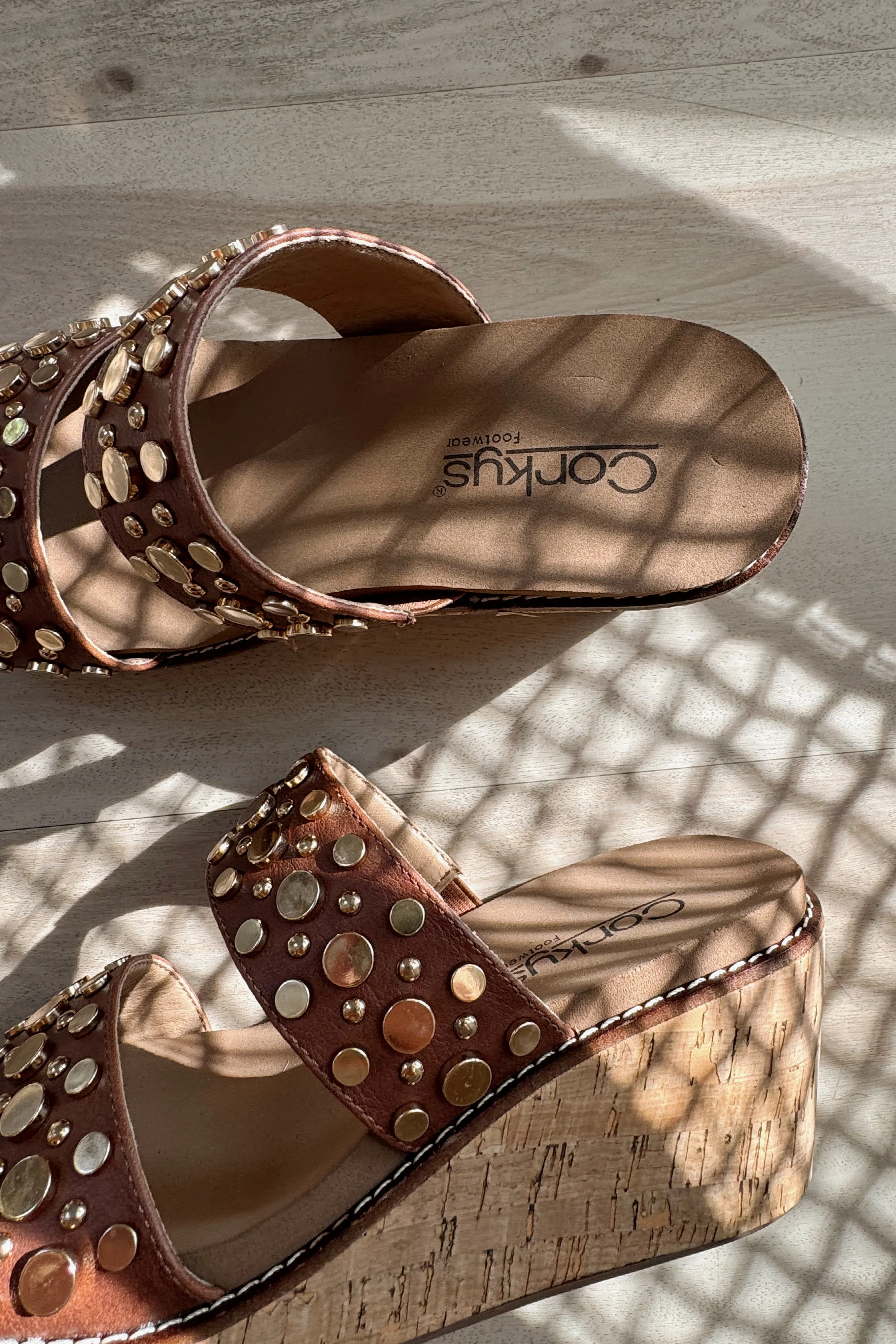 Corkys Bad Habit Brown & Gold Stud Wedge Sandal - Image 8
