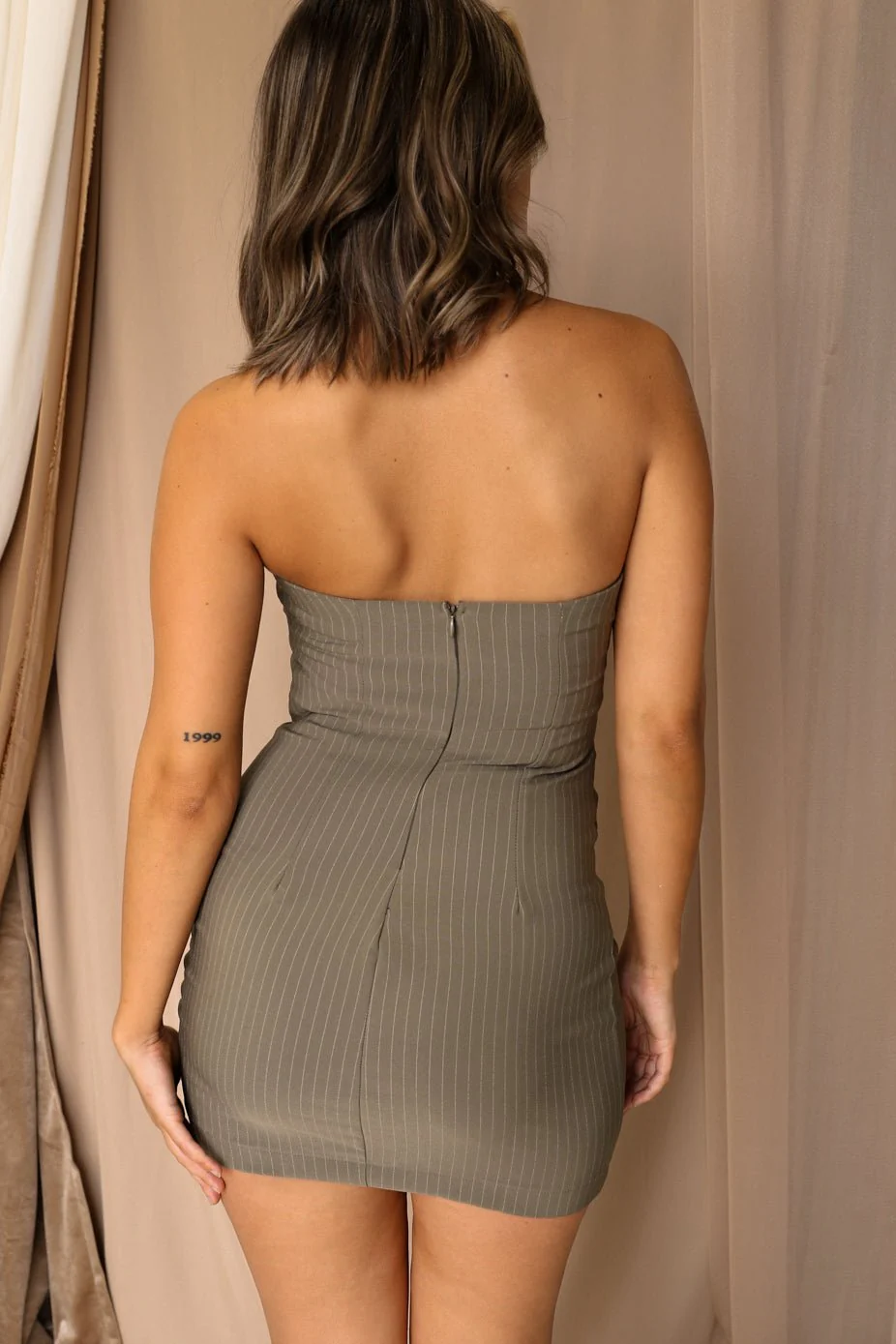 Courtney Olive Pinstripe Strapless Mini Dress - Image 8