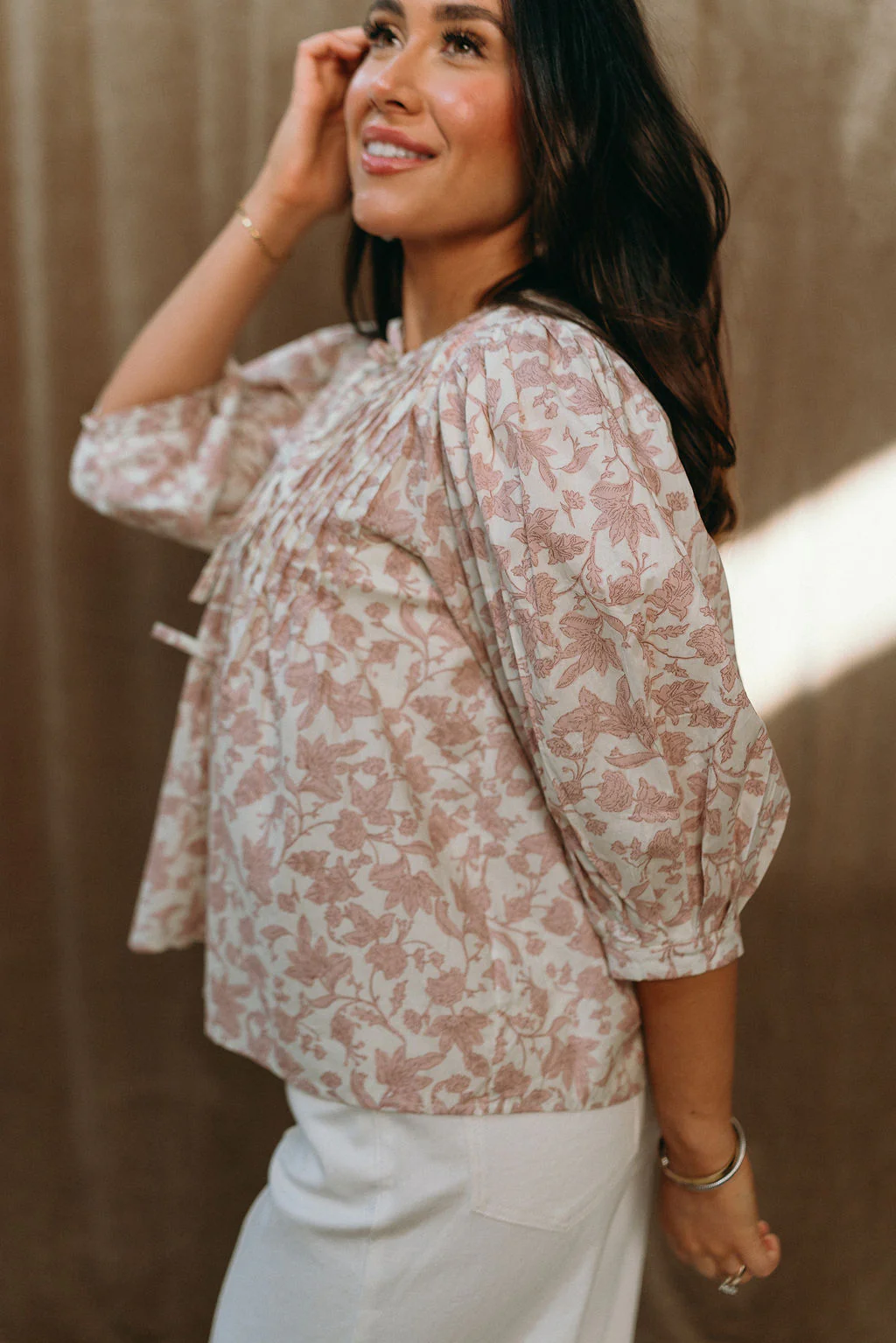 Alina Mauve & Cream Floral Puff Sleeve Top - Image 2
