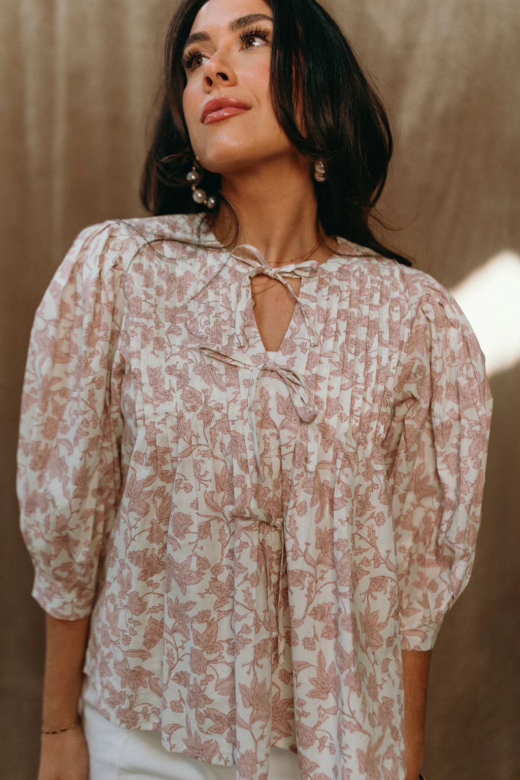 Alina Mauve & Cream Floral Puff Sleeve Top - Image 5