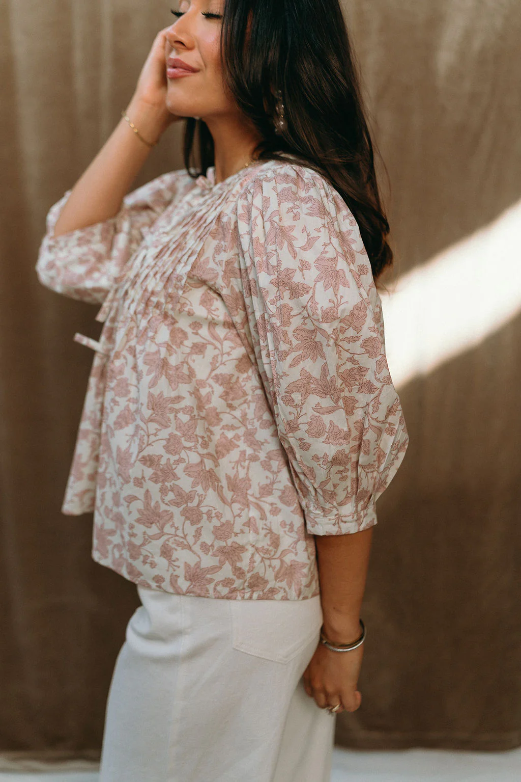 Alina Mauve & Cream Floral Puff Sleeve Top - Image 7