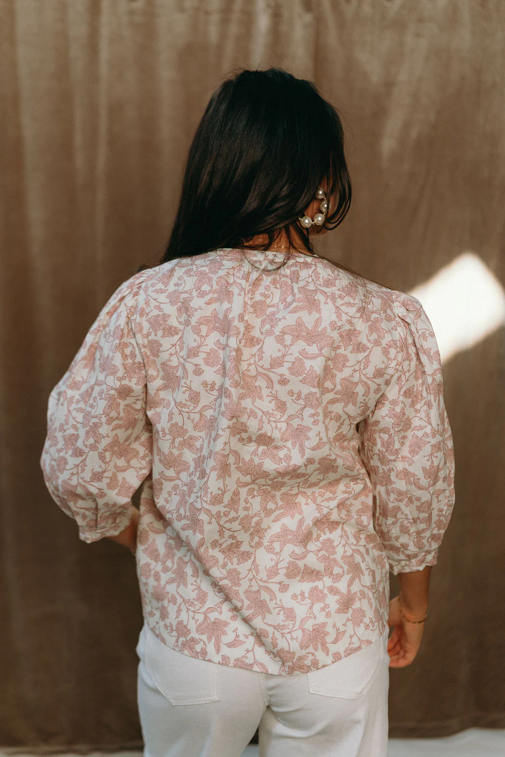 Alina Mauve & Cream Floral Puff Sleeve Top - Image 8