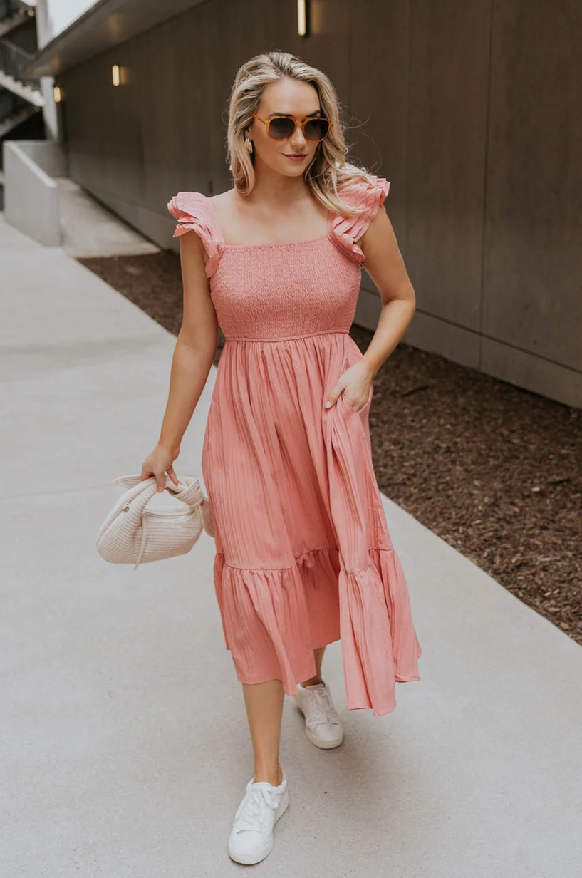 Allie Coral Pink Ruffle Midi Dress