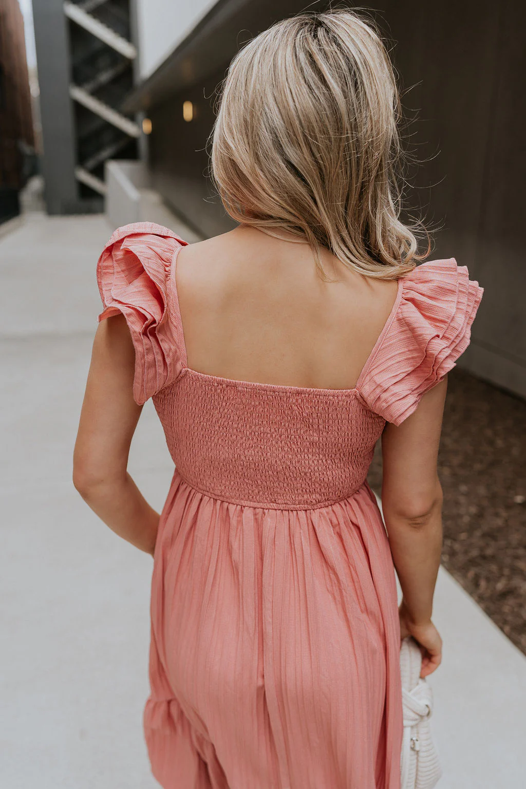 Allie Coral Pink Ruffle Midi Dress - Image 10