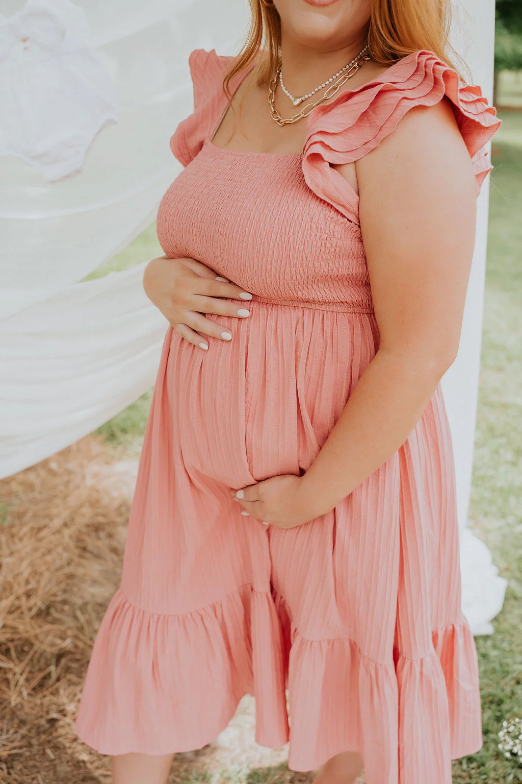 Allie Coral Pink Ruffle Midi Dress - Image 12