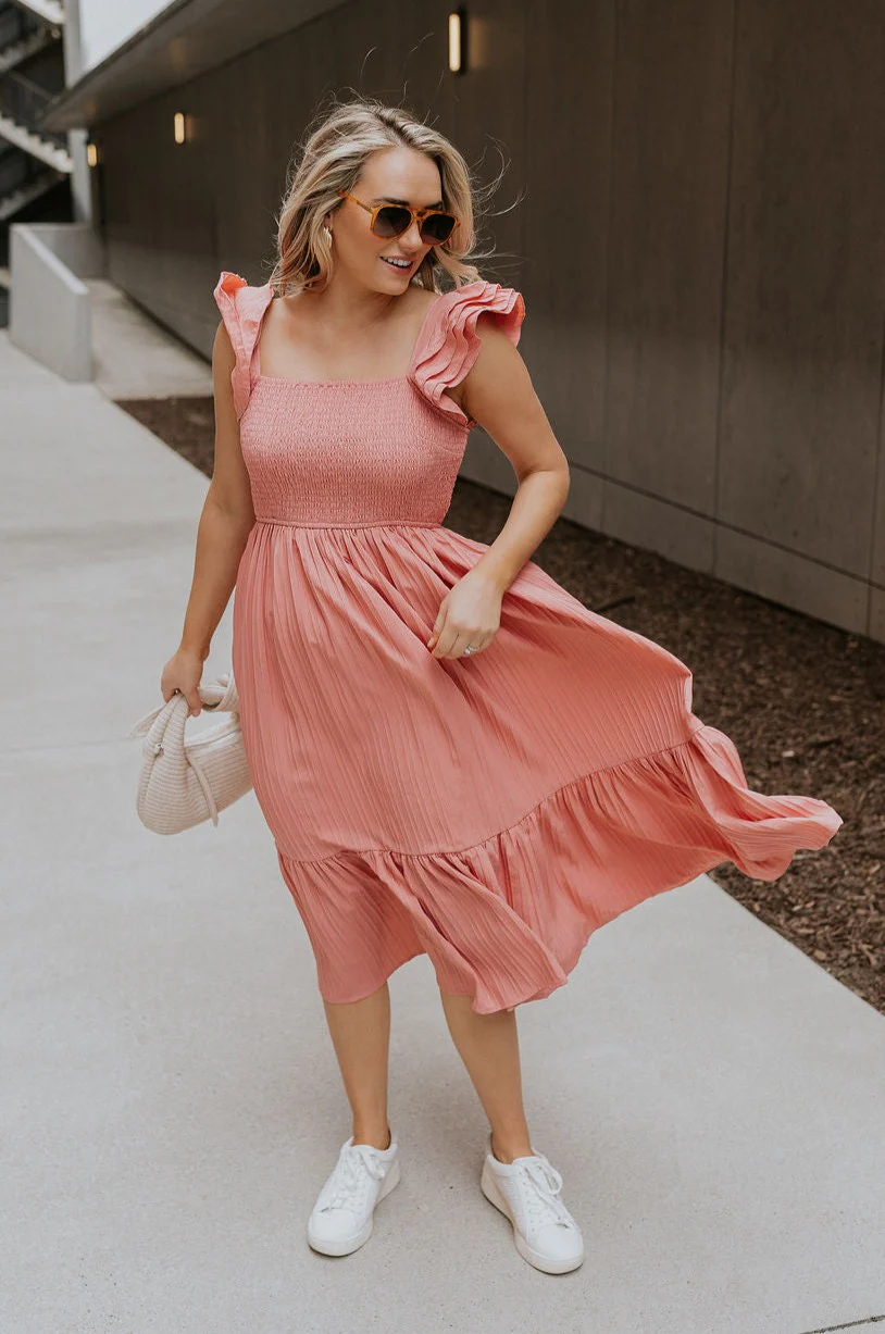 Allie Coral Pink Ruffle Midi Dress - Image 2