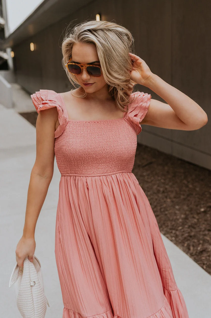 Allie Coral Pink Ruffle Midi Dress - Image 3