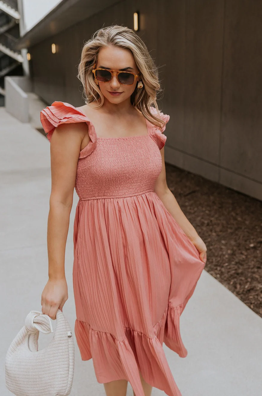 Allie Coral Pink Ruffle Midi Dress - Image 7