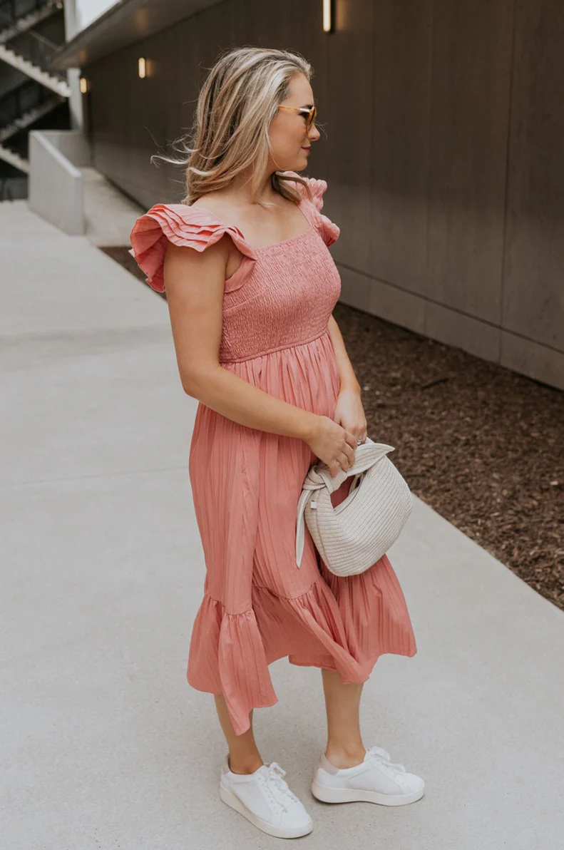 Allie Coral Pink Ruffle Midi Dress - Image 8