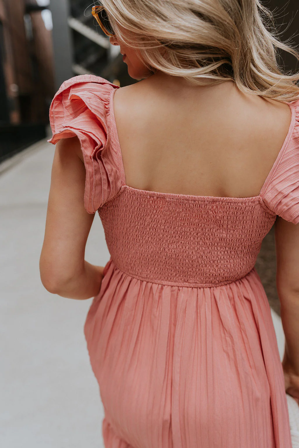 Allie Coral Pink Ruffle Midi Dress - Image 9