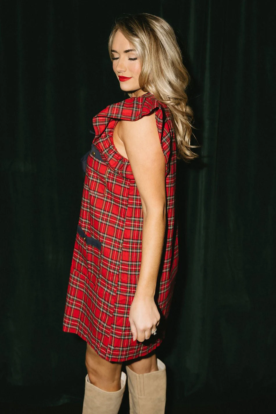 Jamie Red & Navy Plaid Bow Mini Dress - Image 2