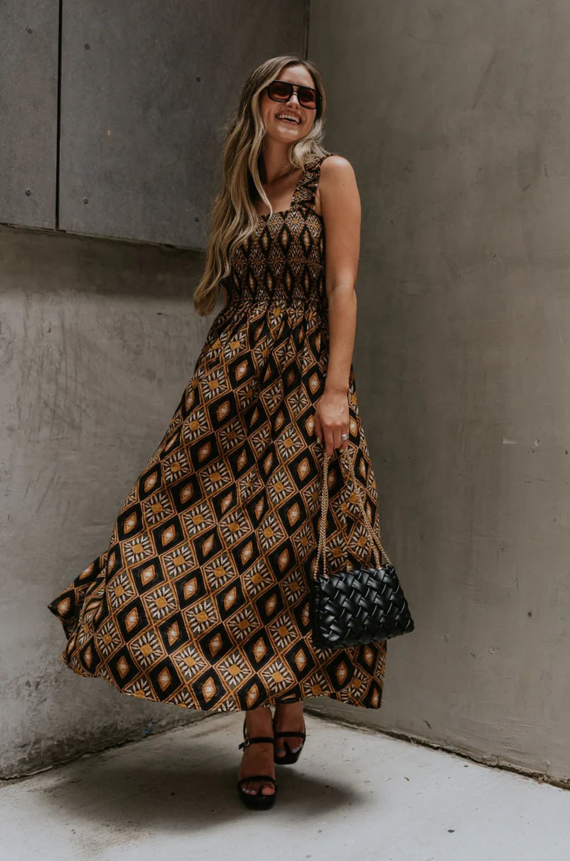Dahlia Black & Rust Floral Midi Dress