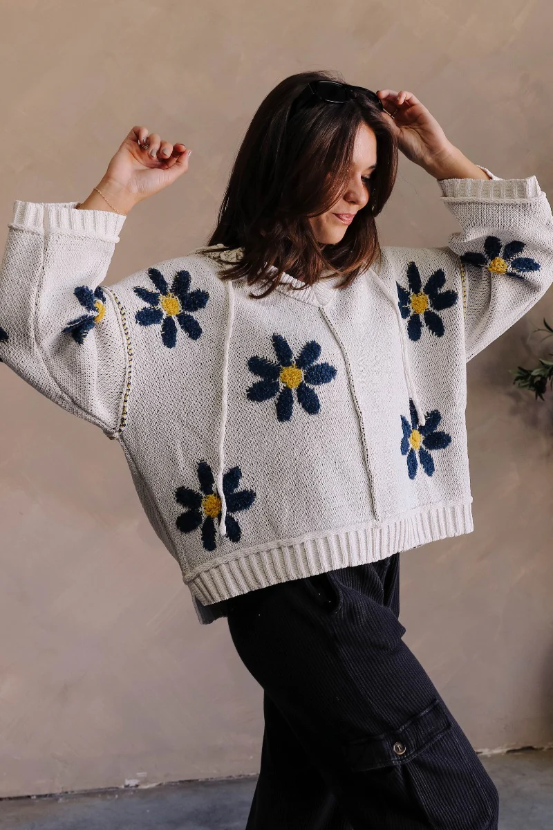 Daisy Floral Navy & Cream Long Sleeve Hoodie Sweater