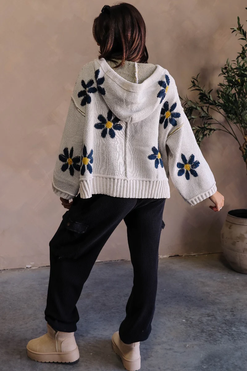 Daisy Floral Navy & Cream Long Sleeve Hoodie Sweater - Image 10