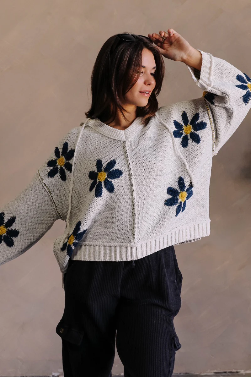 Daisy Floral Navy & Cream Long Sleeve Hoodie Sweater - Image 4
