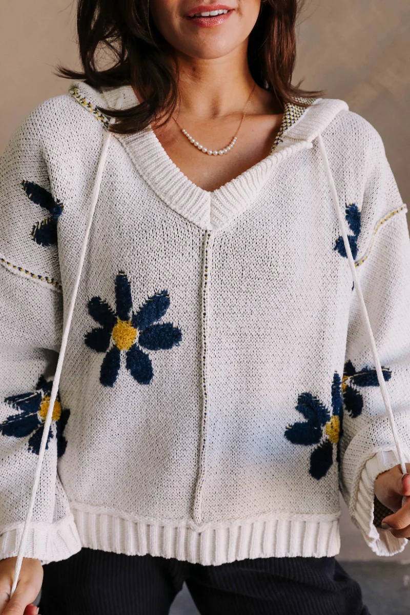 Daisy Floral Navy & Cream Long Sleeve Hoodie Sweater - Image 5