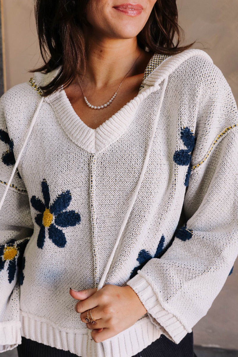 Daisy Floral Navy & Cream Long Sleeve Hoodie Sweater - Image 6