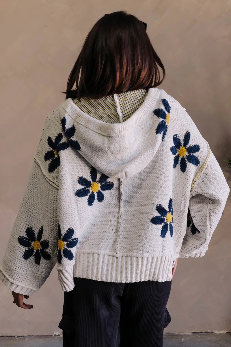 Daisy Floral Navy & Cream Long Sleeve Hoodie Sweater - Image 8